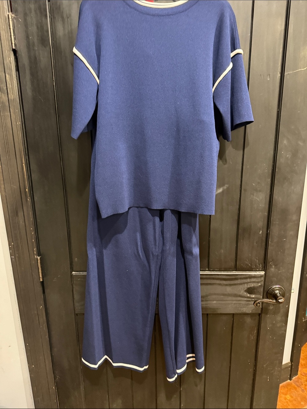 Women's Navy Two-Piece Pajama Set with Ivory Trim